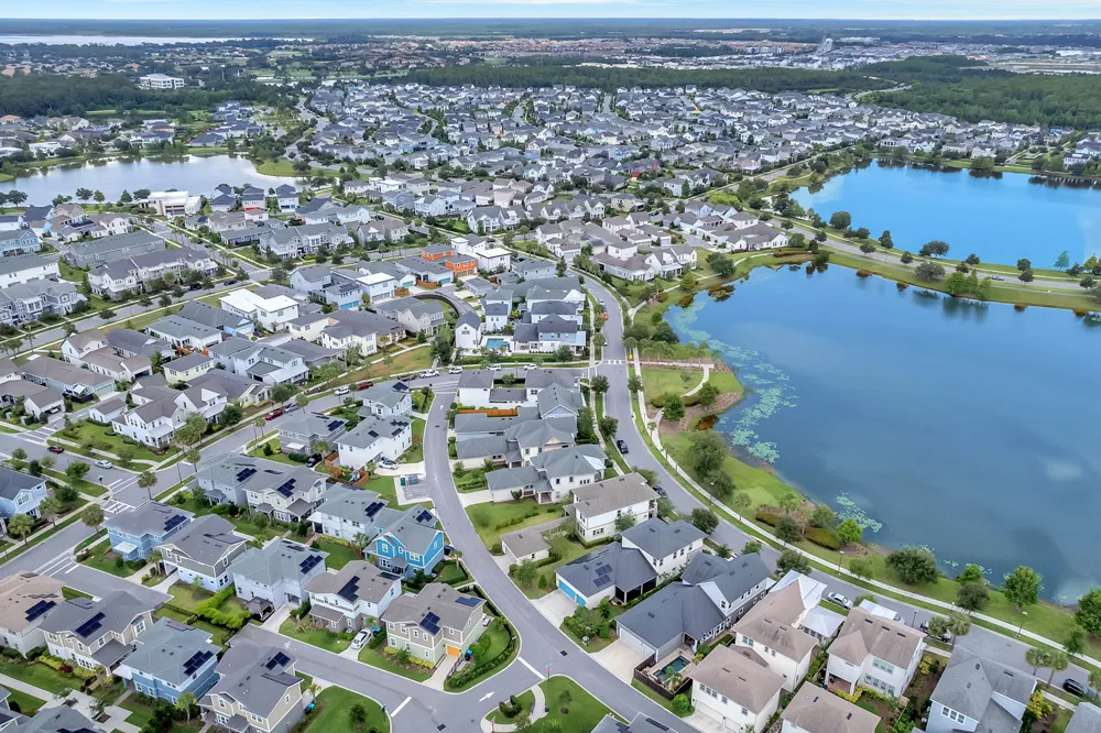 Aerial view of the Laureate Park residential community in the Lake Nona area of Orlando, Florida.